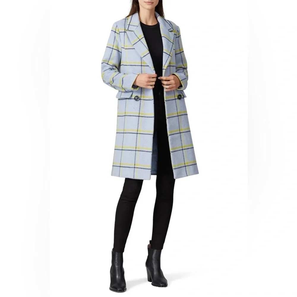 Slate & Willow Grey Plaid Wool Coat L Blue Double Breasted Longline Twee Mod
